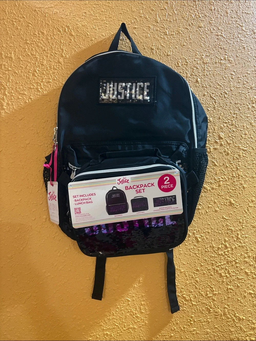 Justice Black Backpack with Purple Sequin Accent